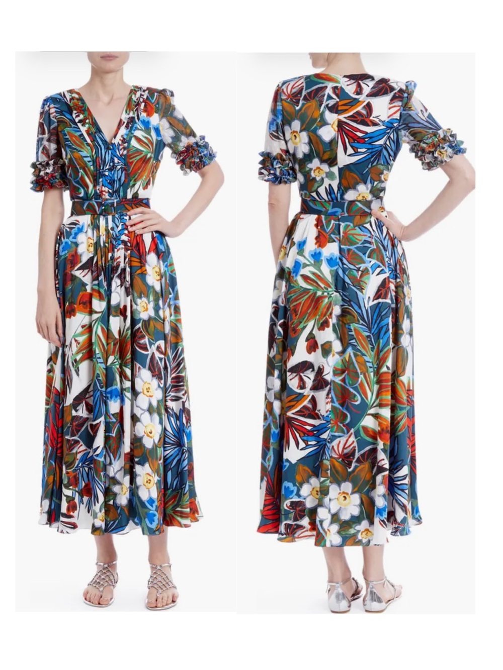 Badgley Mischka Floral V-Neck Short Sleeves Maxi Dress in Blue Multi Sz 6